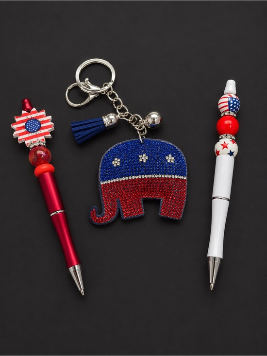 Accessories - Two handmade red, white & blue beaded theme pens & Patriotic Elephant Keychain
